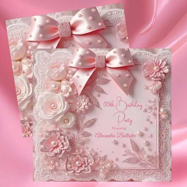 Invitation Pink Lace Pearls Floral Sweet Birthday Party (Créateur téléchargé)