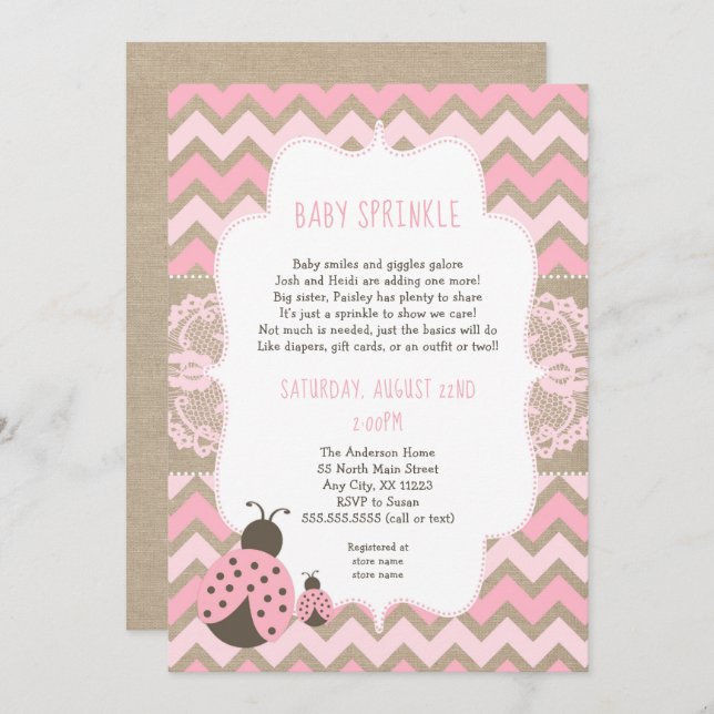 Invitation Pink Ladybug Baby Sprinkle, baby shower fille (Devant / Derrière)