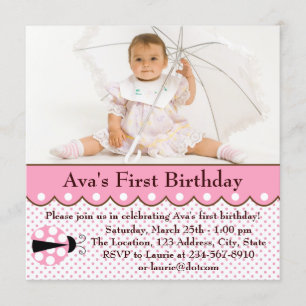 Invitation Pink Ladybug Girls Photo 1er Birthday Party