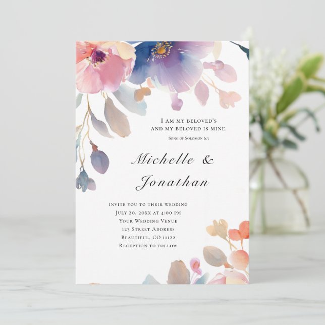 Invitation Pink Lavender Flower Christian Bible Verso Mariage (Debout devant)