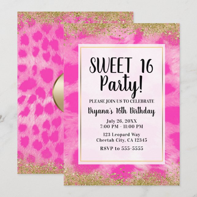 Invitation Pink Leopard Cheetah Print Gold Parties scintillan (Devant / Derrière)