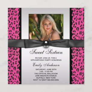 Invitation Pink Leopard Photo Sweet 16 Anniversaire
