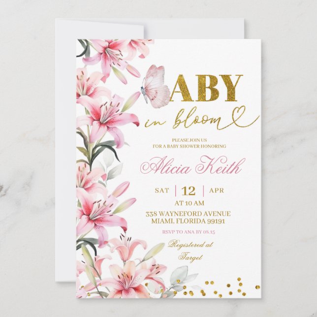 Invitation Pink Lily Floral Butterfly Baby in Bloom Invitatio (Devant)