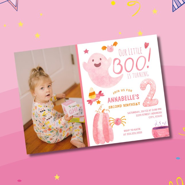 Invitation Pink Little Boo tourne deux photos 2e anniversaire (Créateur téléchargé)