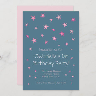 Invitation Pink Little Stars Dark Blue Baby Anniversaire de e