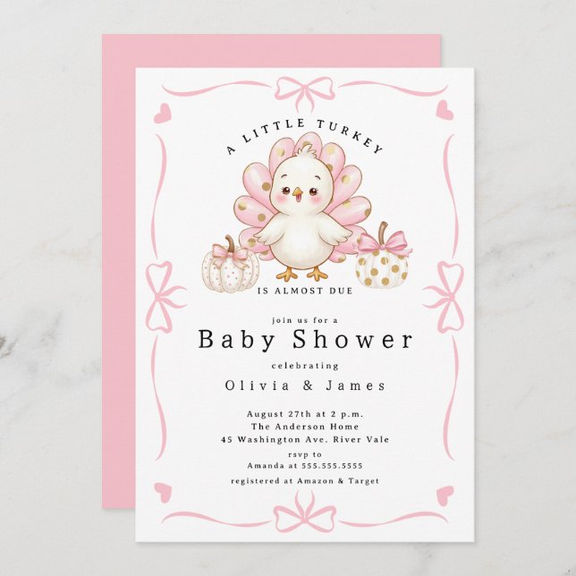 Invitation Pink Little Turkey Baby Shower Invite (Devant / Derrière)