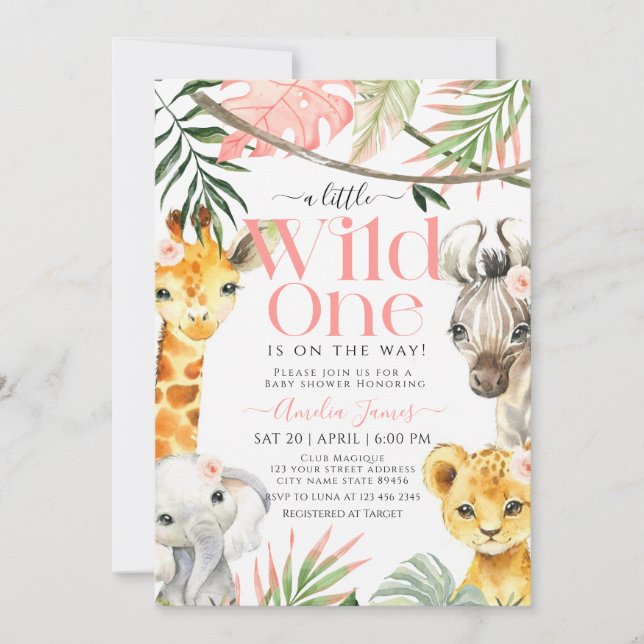 Invitation Pink Little Wild One Safari Jungle Baby shower (Devant)