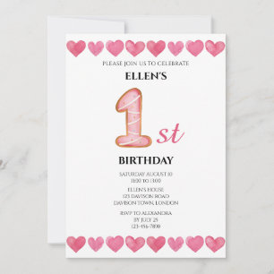 Invitation Pink Love Hearts 1er Anniversaire Photo