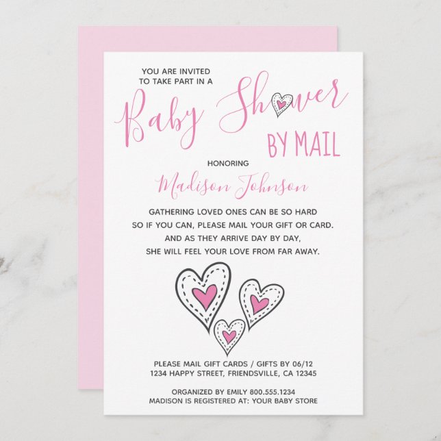 Invitation Pink Love Hearts Girl Baby shower par courrier (Devant / Derrière)