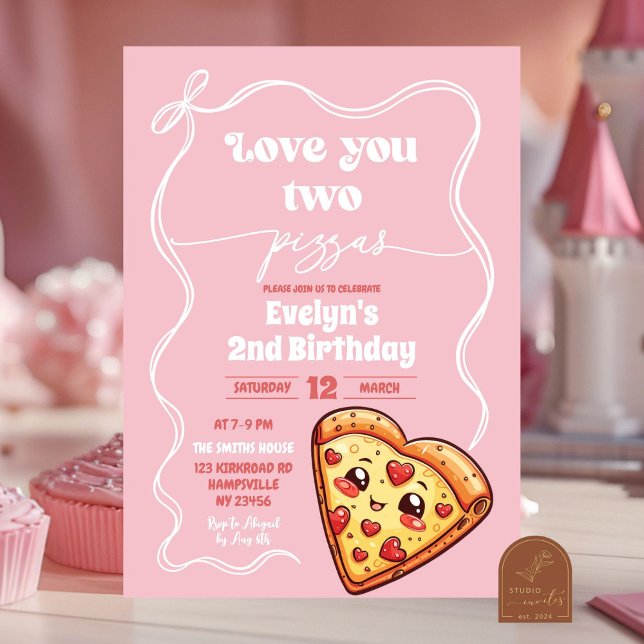 Invitation Pink Love You Two Pizzas Bow Deuxième fête d'anniv (Créateur téléchargé)