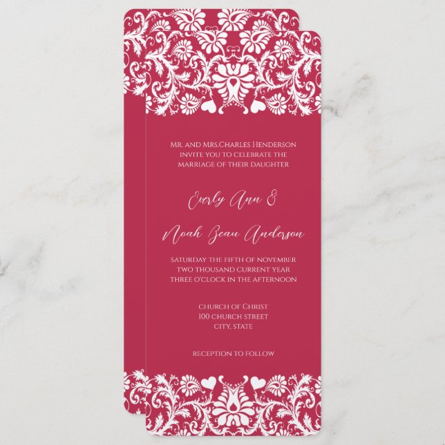 Invitation Pink Magenta Victorian Floral Mariage damassé (Devant / Derrière)