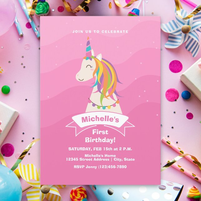 Invitation Pink Magic Rainbow Unicorn Baby 1er anniversaire (Créateur téléchargé)