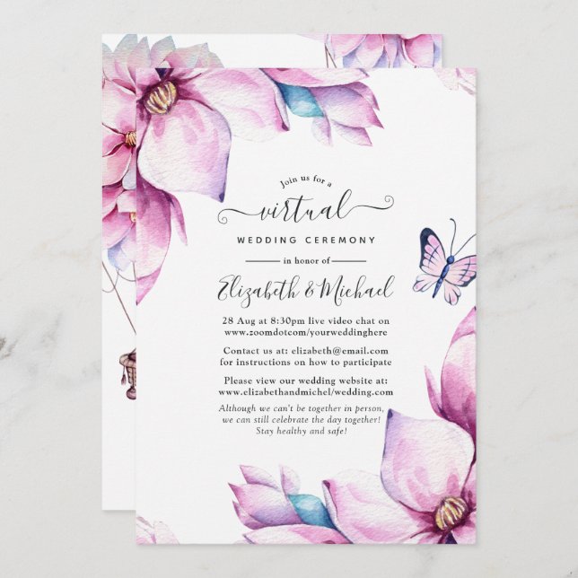 Invitation Pink Magnolia Floral Mariage virtuel en ligne (Devant / Derrière)