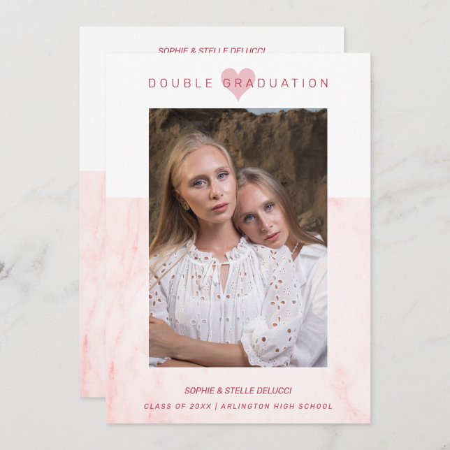 Invitation Pink Marble Effect Romantic Photo Twins Graduation (Devant / Derrière)