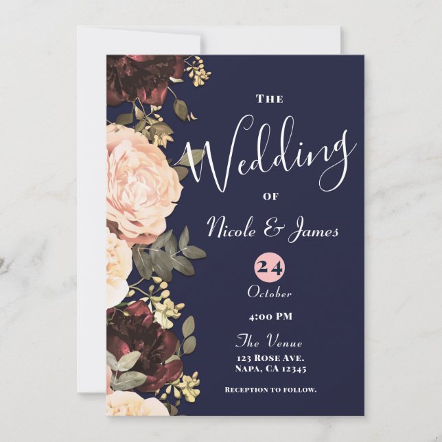 Invitation Pink & Maroon Floral Greenery Mariage bleu marine (Devant)
