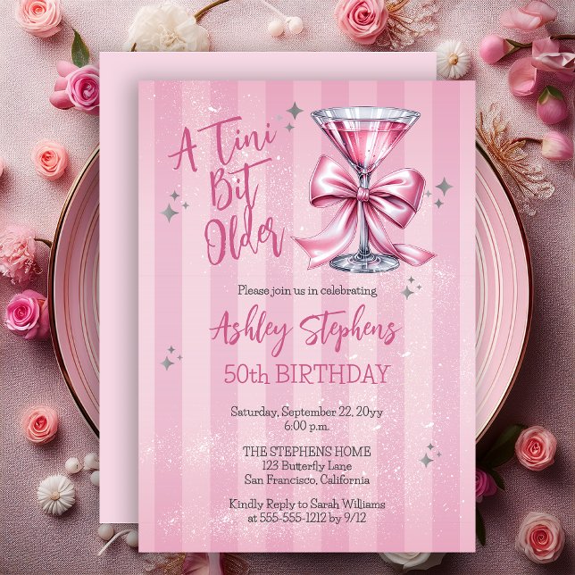Invitation Pink Martini Un Peu Plus Âgée Fête d'anniversaire  (Pink Martini "Tini Bit Older" Striped Adult Birthday Party Invitation)
