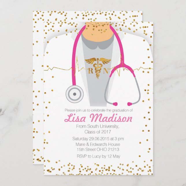 Invitation Pink Médicale Nursing Graduation Party (Devant / Derrière)