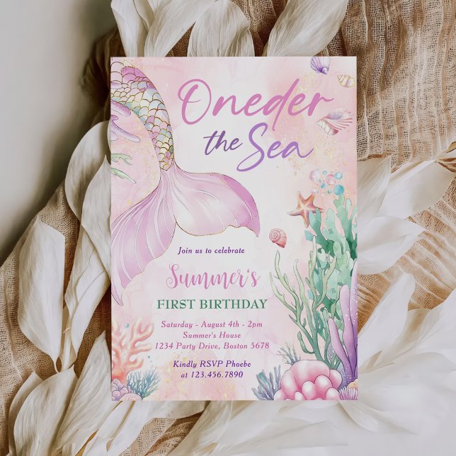 Invitation Pink Mermaid 1st Birthday Oneder the Sea Party (Créateur téléchargé)