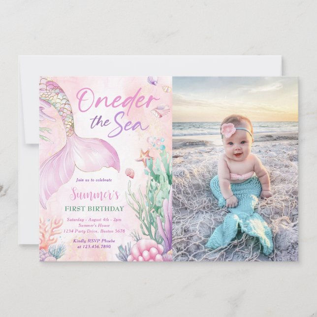 Invitation Pink Mermaid 1st Birthday Oneder the Sea Photo (Devant)
