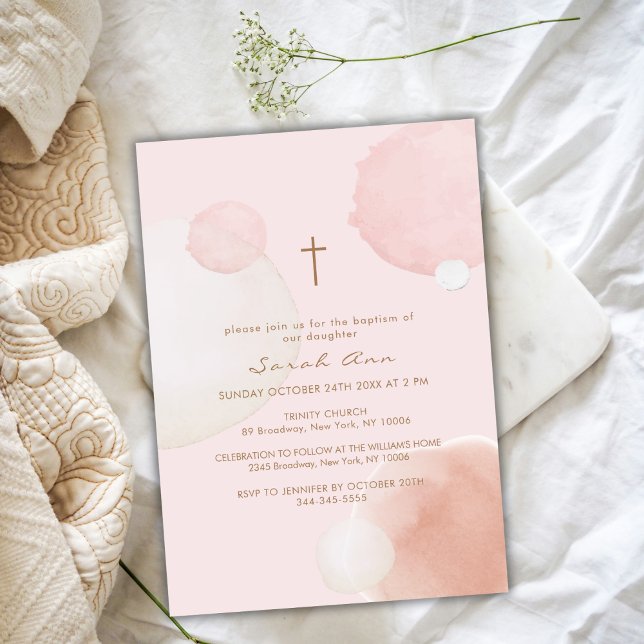Invitation Pink Minimal Aquarelle Boho Gold Cross Baptême (Pink Minimal Watercolor Boho Gold Cross Baptism Invitation)