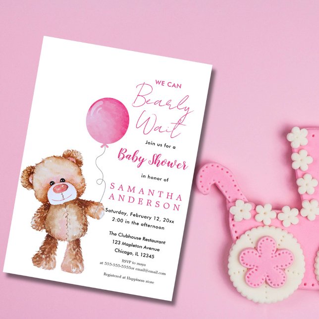 Invitation Pink Minimaliste 'On Peut Se Beurrer Attendez ! '  (WE CAN BEARLY WAIT BABY SHOWER GIRL INVITATION)