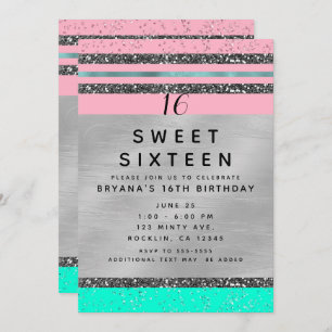 Invitation Pink Mint Green & Silver Parties scintillant Sweet