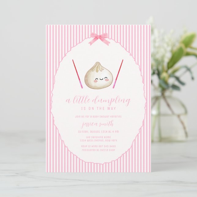 Invitation Pink Modern Girl Bow Asian Dumpling Baby Shower  (Debout devant)