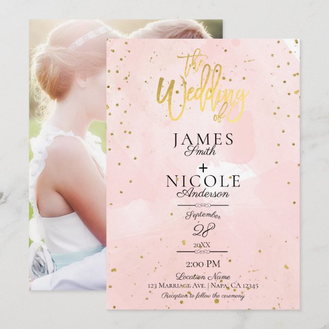 Invitation Pink Modern Minimal Gold Foil Mariage photo complè (Devant / Derrière)