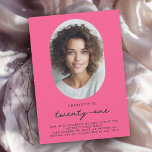 Invitation Pink Modern Minimal Photo 21e anniversaire<br><div class="desc">Simple, minimaliste et si élégante, cette invitation à la fête d'anniversaire célèbre quelqu'un qui a 21 ans. Le design simple et moderne, en arrière - plan rose gras et en texte de fusain profond, met l'accent sur l'invité d'honneur alors qu'ils se préparent à célébrer cet important anniversaire. Le cadre ovale...</div>