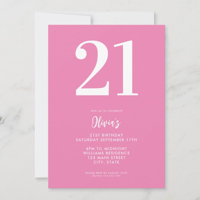 Invitation Pink moderne minimal 21e anniversaire (Devant)
