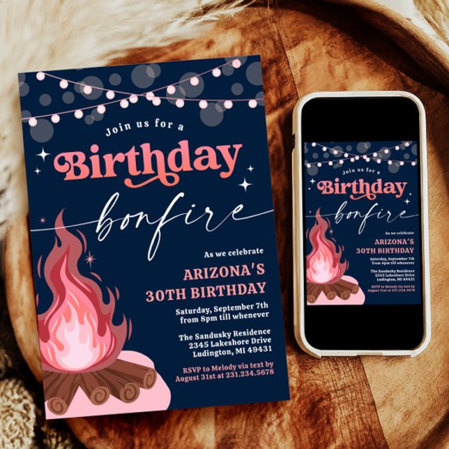 Invitation Pink moderne + Peach Anniversaire Bonfire Invitati (Modern Pink + Peach Birthday Bonfire Invitation)