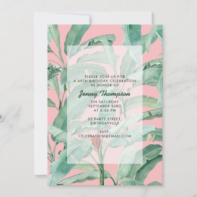 Invitation Pink moderne Tropical Banana Palm Feuille Annivers (Devant)