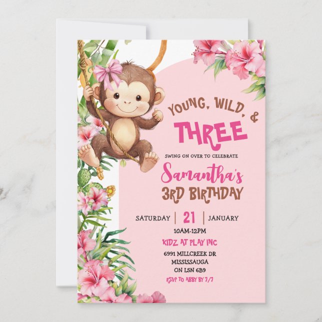 Invitation Pink Monkey Young Wild Three Third Birthday (Devant)
