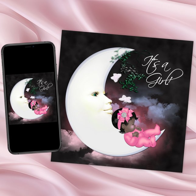 Invitation Pink Moon African American Baby Girl Douche (Cute moon baby shower invitation. Instant download and printed invitations available.)