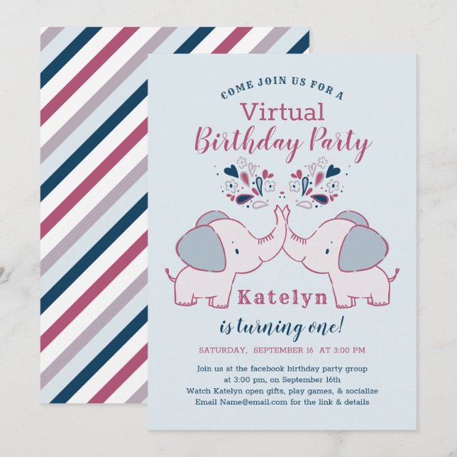 Invitation Pink & Navy adorable Elephant Virtual Birthday Par (Devant / Derrière)