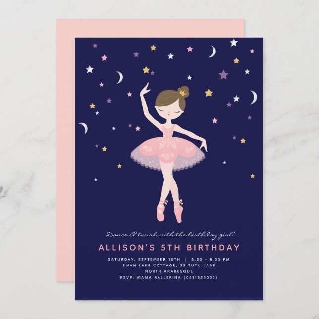 Invitation Pink & Navy Ballerina Anniversaire (Devant / Derrière)