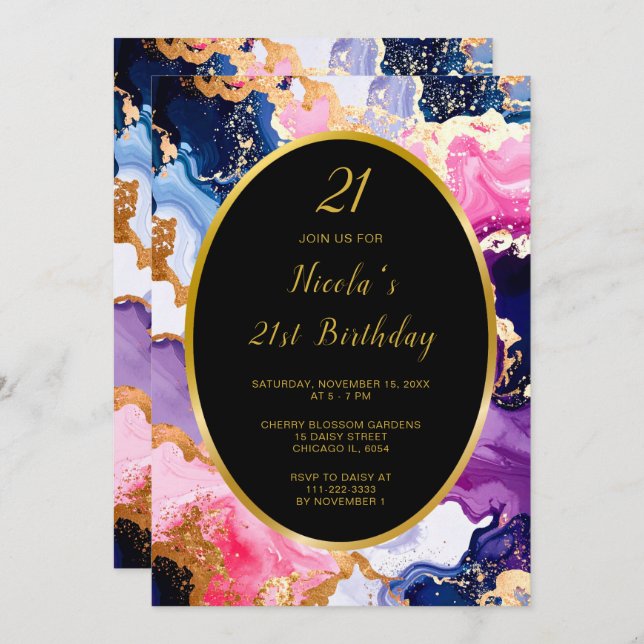 Invitation Pink, Navy Blue and Gold Ink Birthday Party (Devant / Derrière)