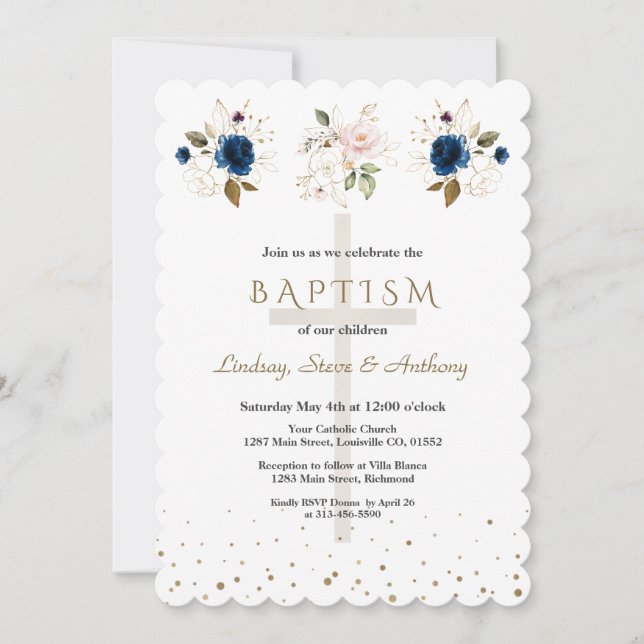 Invitation Pink Navy Blue Floral Gold Triplets Baptism   (Devant)