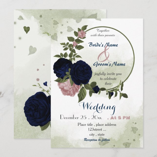 Invitation pink navy flowers greenery wreath wedding (Devant / Derrière)