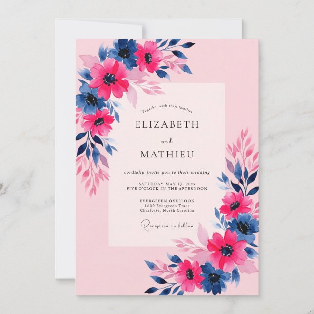 Invitation Pink Navy Vibrant Spring Wedding (Devant)