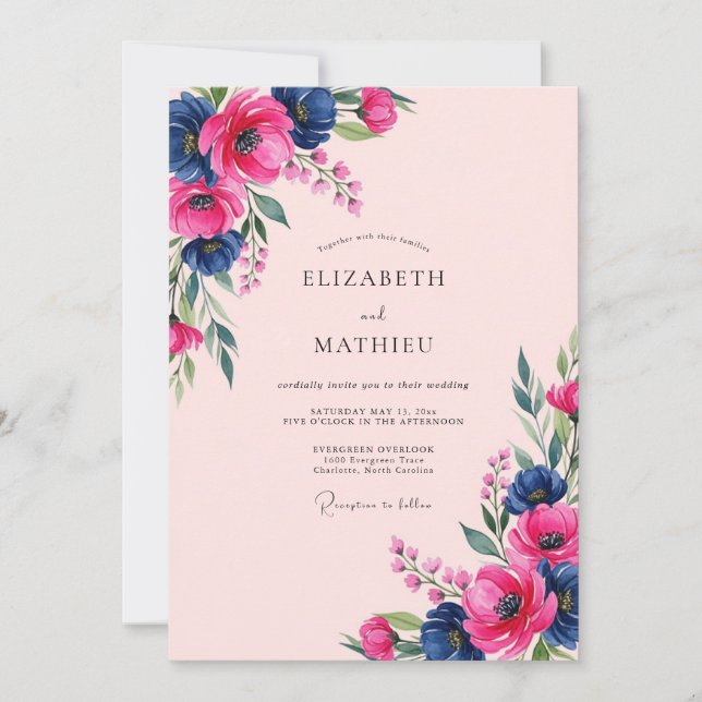 Invitation Pink Navy Watercolor Anemone Spring Wedding (Devant)