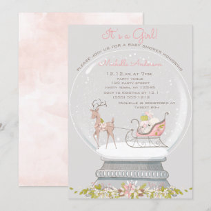 Invitation Pink Neige Globe Ours Deer Girl Baby shower