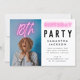 Invitation Pink Neon Elegant Ombre 18E Anniversaire Photo