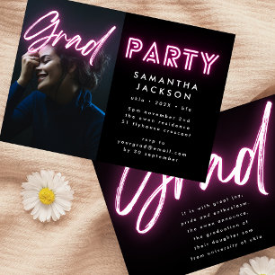 Invitation Pink Neon Elegant Ombre Grad Photo Party