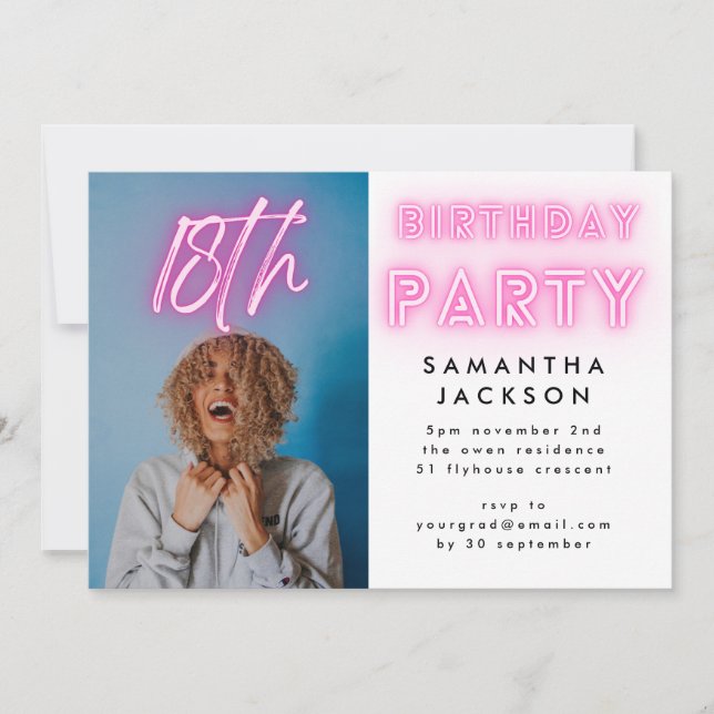 Invitation Pink Neon White Ombre 18E Anniversaire Photo (Devant)