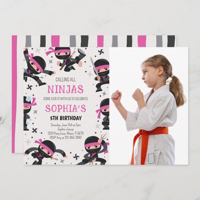 Invitation Pink Ninja Guerrier Arts Martiaux Photo Anniversai (Devant / Derrière)