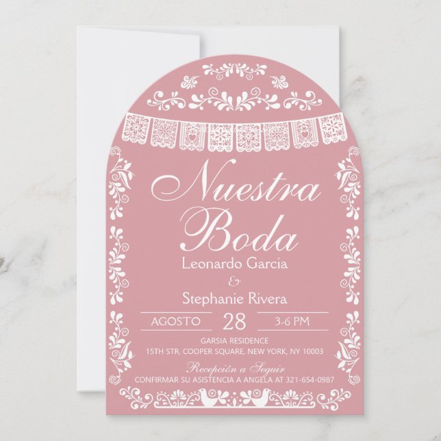 Invitation Pink Nuestra Boda Papel Picado Spanish Wedding (Devant)