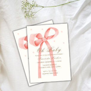 Invitation Pink Oh Baby Minimalist Polka Dot Bow Baby shower
