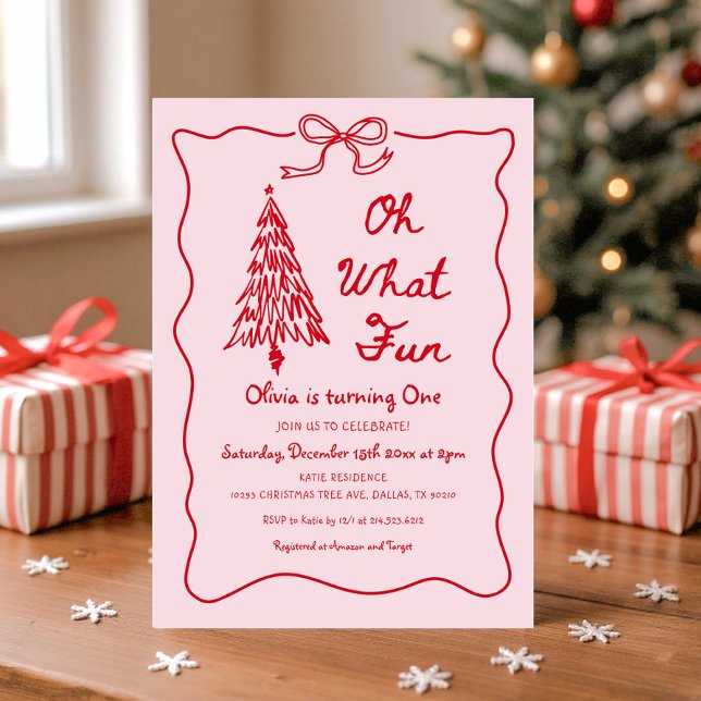 Invitation Pink Oh What Fun Holiday Girl 1st Birthday Party (Créateur téléchargé)