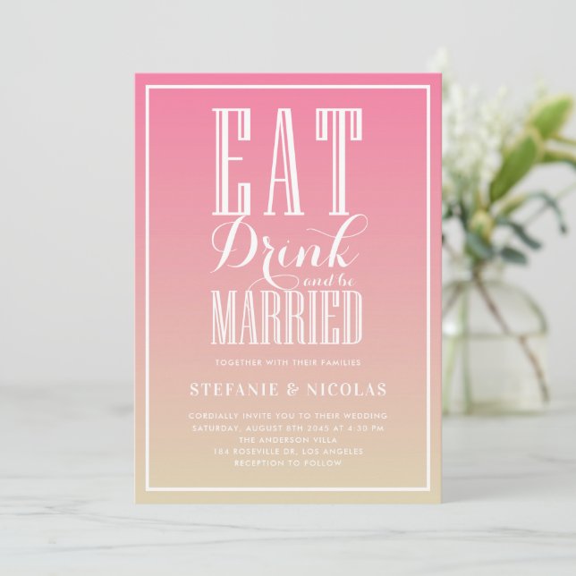 Invitation Pink Ombre Mange, Boit et Etre marié Mariage (Debout devant)